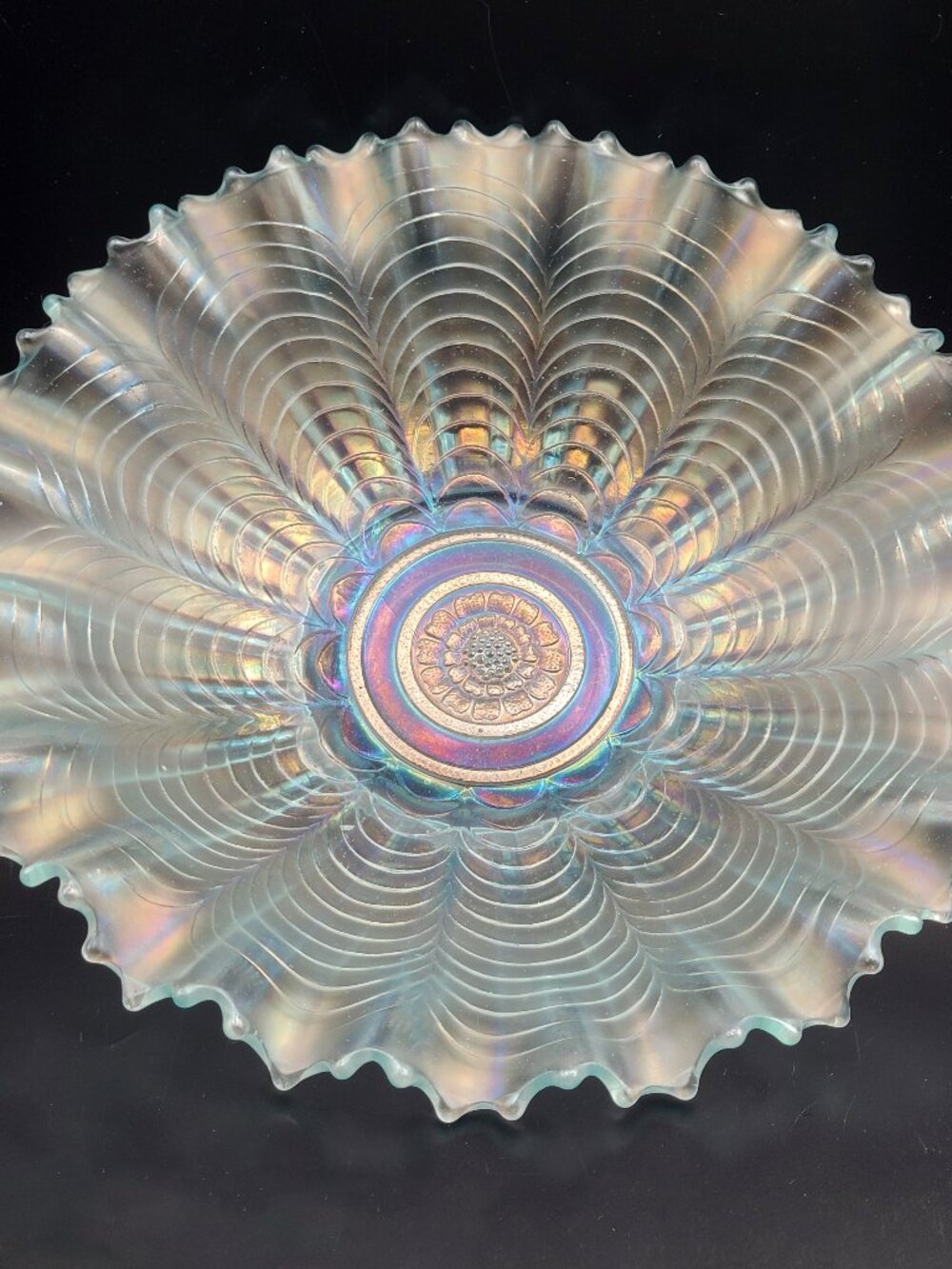 Antique Northwood Bowl Ice Blue Nippon Carnival Glass Pie Crust Edge